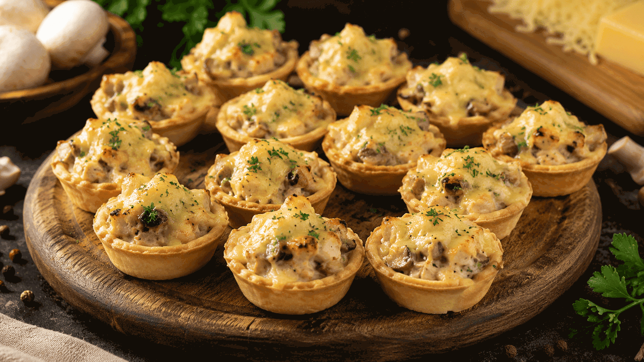 Горячие тарталетки с курицей, грибами и сыром л...