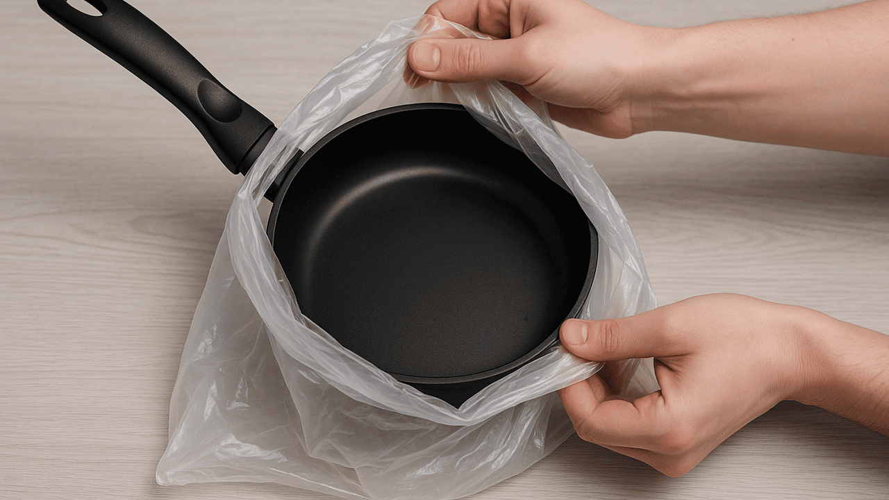 Использую два обычных пакетика для чистки: кипяток делает сковородку идеально чистой Застарелый жир и пригоревший нагар на сковорода...