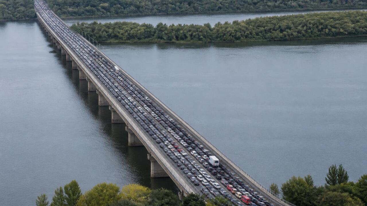Пробка длиной 5 км сковала движение на мосту через Каму На мосту через Каму в Набережных Челнах образов...