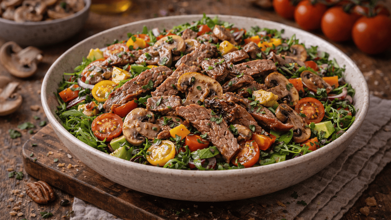 Этот салат из говядины с грибами и маринованным...