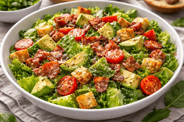 Когда хочется сытно и красиво: салат с хрустящими сухариками, беконом и авокадо