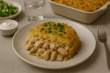 Всего один противень — и полноценный ужин готов: картофельная бабка с курицей из грудки и сметаны спасёт любой вечер