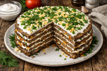 Сытно, ароматно, по-настоящему вкусно: печёночный торт по-деревенски