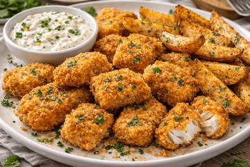 Хрустящие наггетсы из белой рыбы как в ресторане: рецепт с сухарями Панко, картофелем по-деревенски и соусом тартар