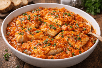 Классика советской кухни без лишних ингредиентов: треска под овощным маринадом с томатной пастой