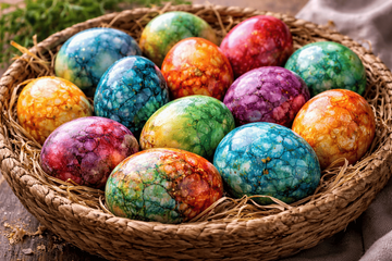 Красить яйца можно по-настоящему эффектно: луковая шелуха и каркаде создают космический мраморный узор