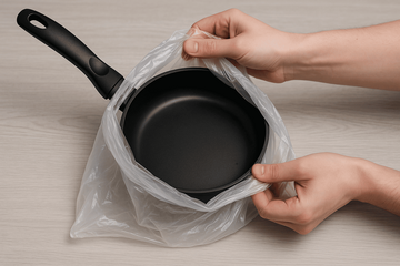 Использую два обычных пакетика для чистки: кипяток делает сковородку идеально чистой