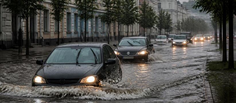 Сильный ливень затопил три улицы в Казани Сильный утренний дождь в Казани привел к затопл...