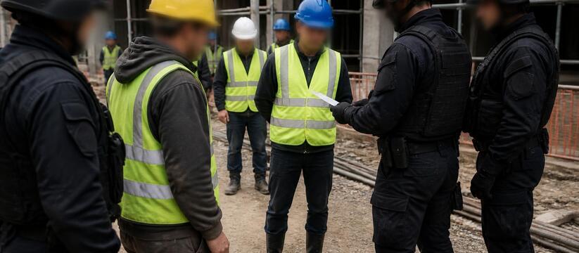 Полицейский рейд на стройке, проверка документо...